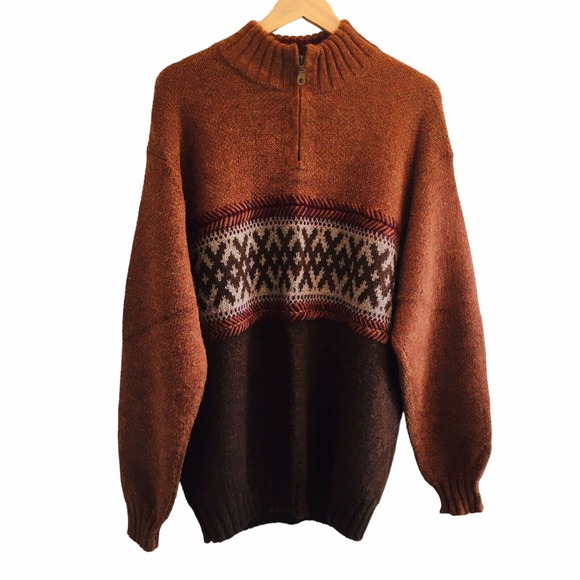 Waliki 100% Alpaca Hand Loomed Brown Colors Zipper Mock Neck Sweater Men’s XL - Picture 1 of 9